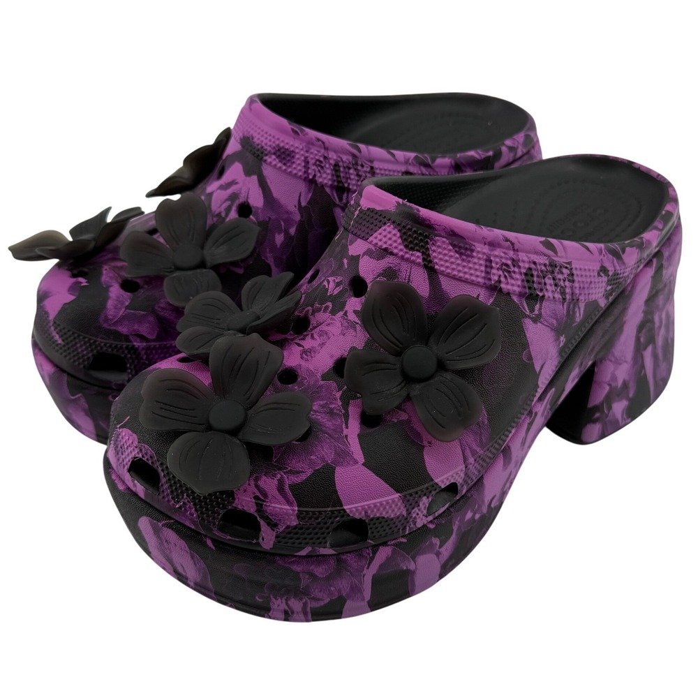 Crocs Siren Hyper Floral Clog Black Purple Men 7/Women 9 Flower Charms Wedge New